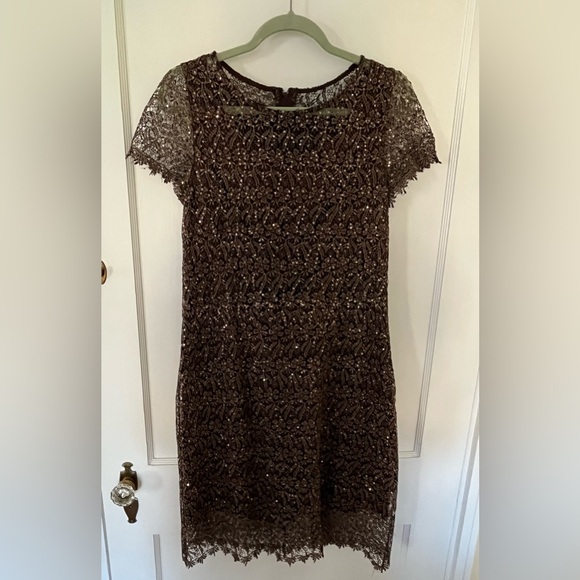 MARINA Dresses & Skirts - Marina chocolate brown sequined lined laced sheath dress short sleeve size 10